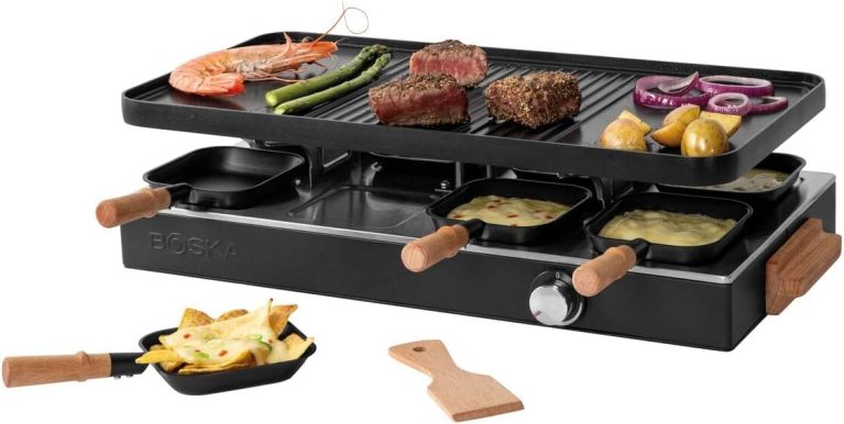 Boska Raclette Party – Appareil à raclette pour 8 personnes – Sans PFAS – Plaque en céramique – Poignées en bois de hêtre – Plaque en aluminium réversible – Noir
