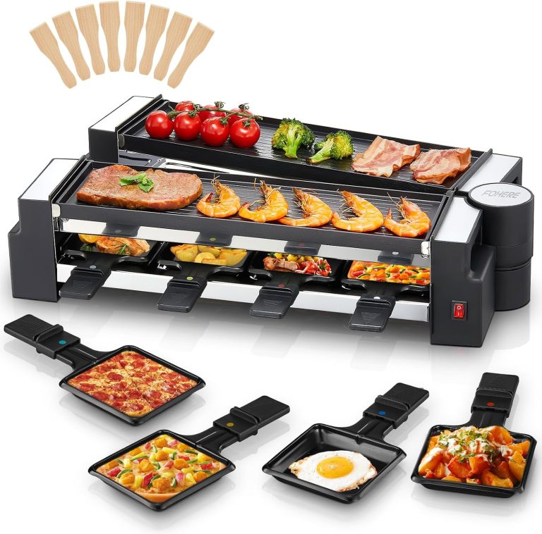 Appareil a Raclette FOHERE, Rotative Appareil Raclette 8 Personnes avec Plaque de Cuisson Antiadhésive et 8 Plaques à Fromage, 1400 W, Acier Inoxydable Mat, Idéal pour la Maison et Les Fêtes