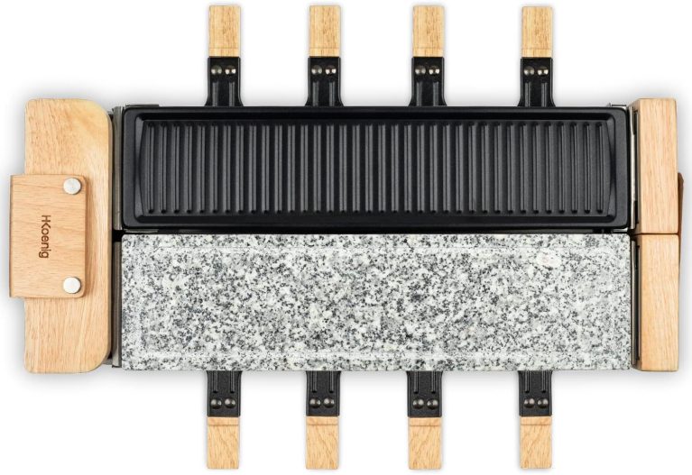 H.Koenig Appareil à Raclette 8 Personnes WOD360, Pierre Granit et Bois Naturel, Socle Pivotant à 180°