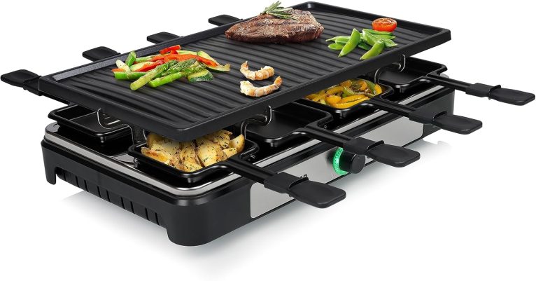 Tristar RA-2746, Appareil à Raclette 8 Personnes, Surface 42 x 23 cm, Thermostat Réglable 230°C, 1400 W, Noir