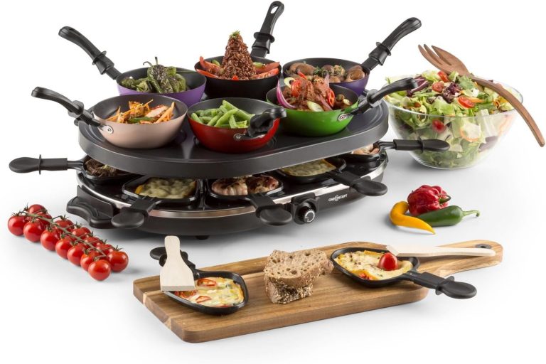Oneconcept Woklette - Gril à raclette, Gril de table, de fête, Puissance : 1200 watts, Température réglable en continu, incl. 8 poêlons et spatule en bois, Revêtement antiadhésif, noir