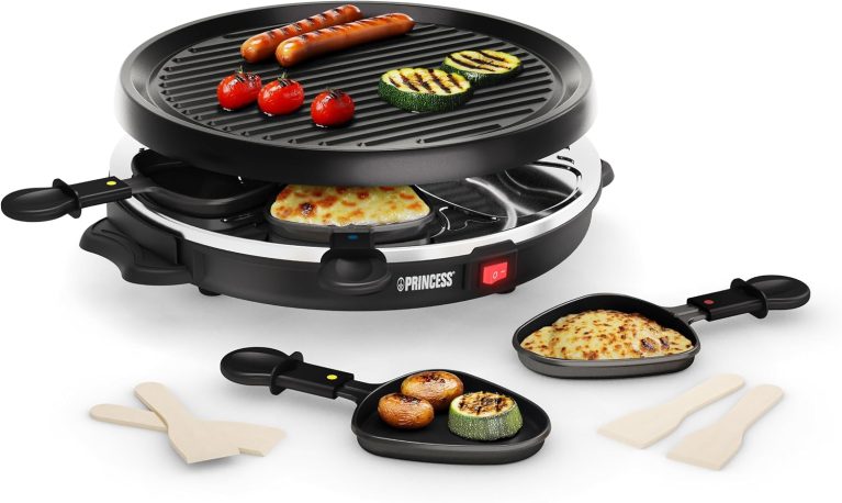 Princess Raclette pour 6 personnes avec plaque de grill ronde amovible – Surface antiadhésive, cuisson saine sans matière grasse, idéale pour viande, poisson et légumes