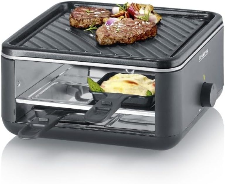 SEVERIN Raclette Gril 4 personnes, Appareil à raclette compact, Mini Raclette avec Plaque Anti-adhésive 24 X 24 cm, Inclus 4 Poêlons et Spatules clipsables, Noir, RG 2360