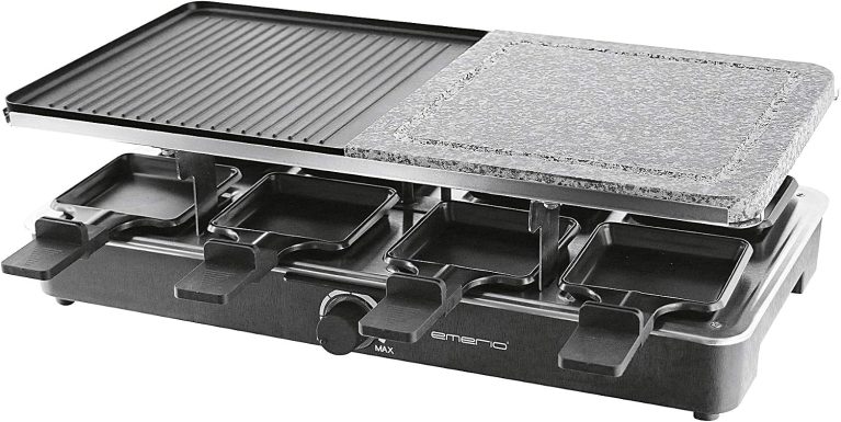 Appareil à raclette Emerio RG-110035, 8 personnes, pierre chaude, température réglable, plaque en pierre naturelle avec 8 poêles