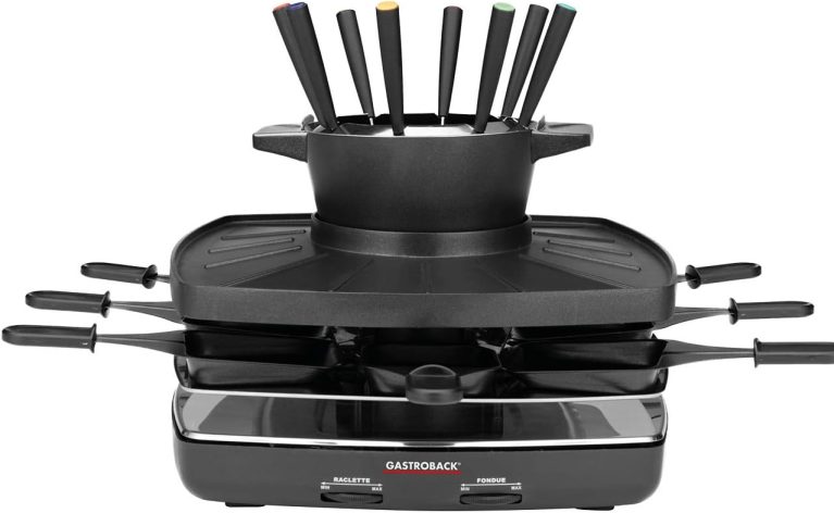 GASTROBACK 42567 Raclette Fondue, Grande plaque de cuisson nervurée antiadhésive amovible et lavable au lave-vaisselle, Noir/Argenté
