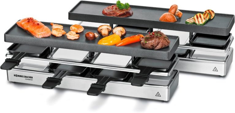 ROMMELSBACHER RC 1600 Fun for 4+4 Appareil à raclette (barbecue de table, pour 8 personnes, extensible, parking, plaque de cuisson en aluminium moulé sous pression avec revêtement antiadhésif Xylan Plus)
