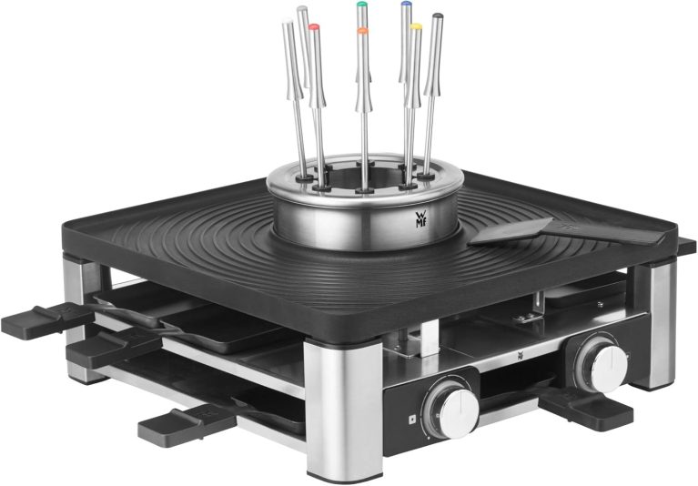 WMF Lumero Gourmet Station 3-en-1, Raclette, Fondue et Grill électrique d'intérieur pour 8 personnes, revêtement acier inoxydable Cromargan